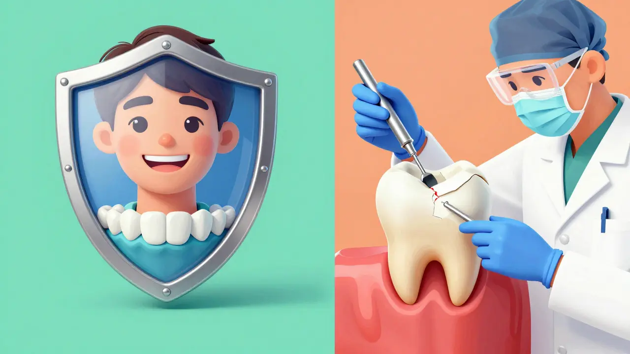 Konceptuální ilustrace srovnávající prevenci zubního hygienika a léčbu stomatologa