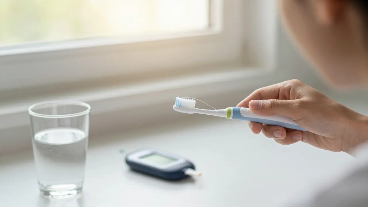 Osoba pečlivě čistící zuby kartáčkem a nití jako součást péče o diabetes