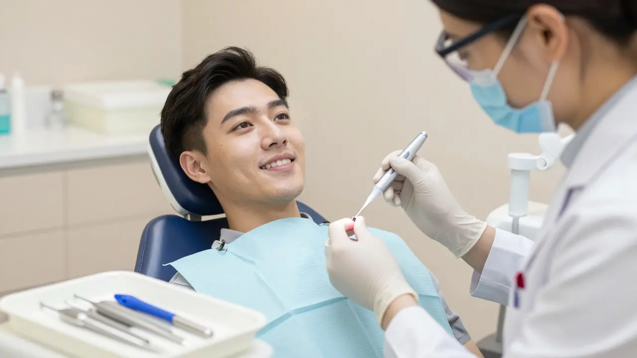 Stomatolog provádí kontrolu implantátu speciální sondou v ordinaci