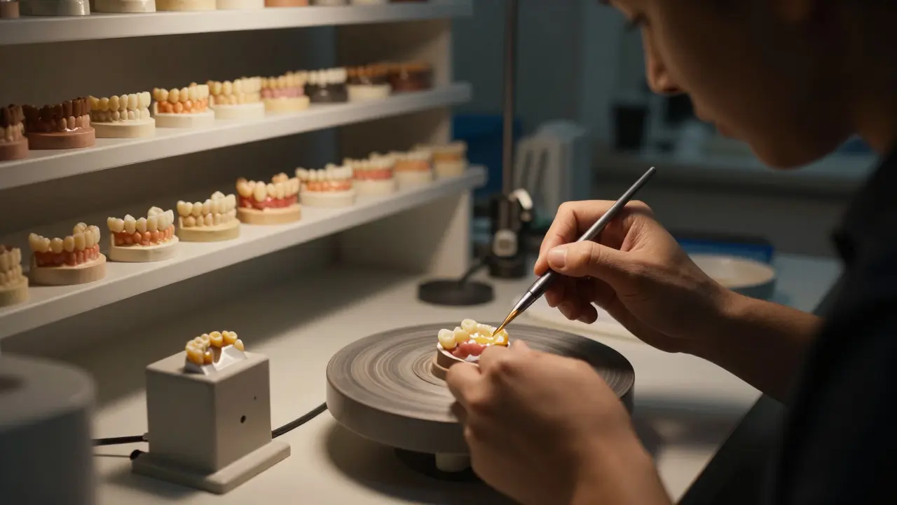 Technician glazing a custom ceramic tooth in a professional dental laboratory
