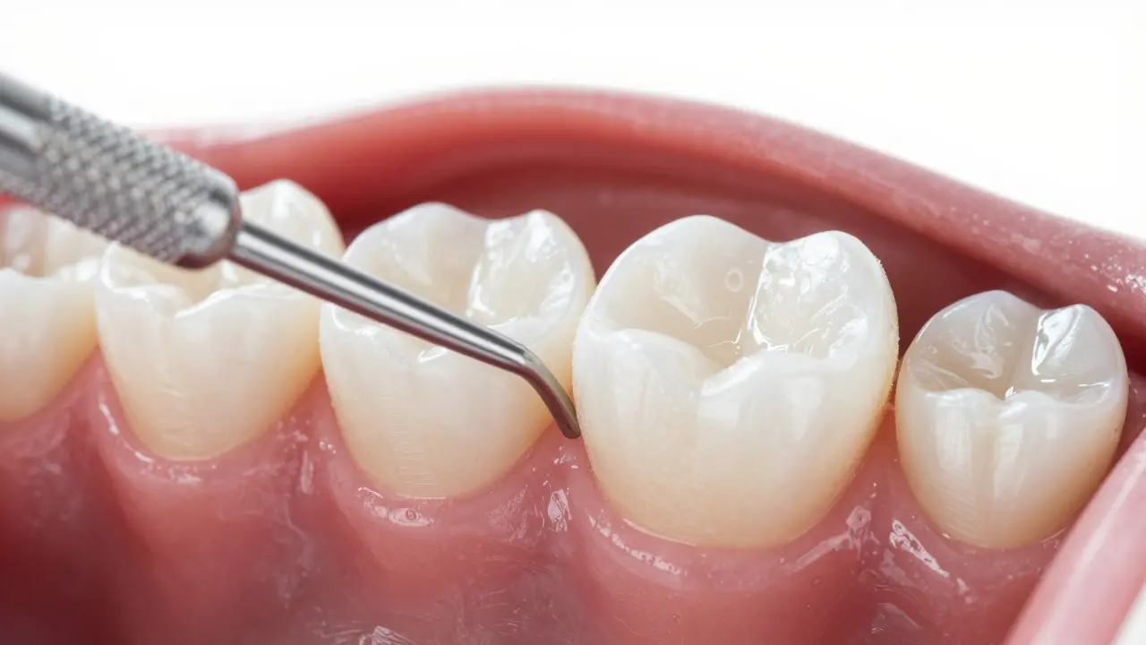 Záběr do úst s dentálním zrcátkem kontrolujícím zadní stěnu moláru