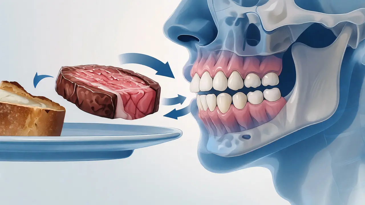 Anatomický náhled na čelist s ukázkou otevřeného skusu a omezení žvýkání