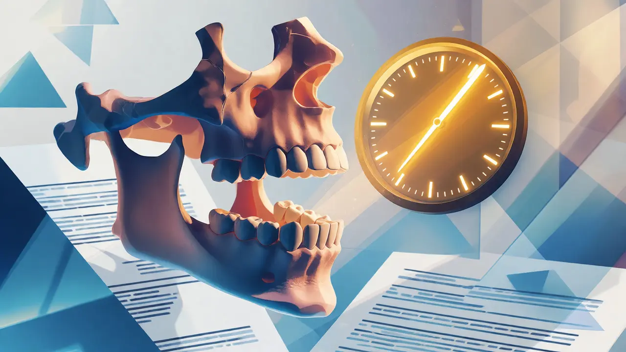 Conceptual image of jawbone and denture with a clock showing seven years