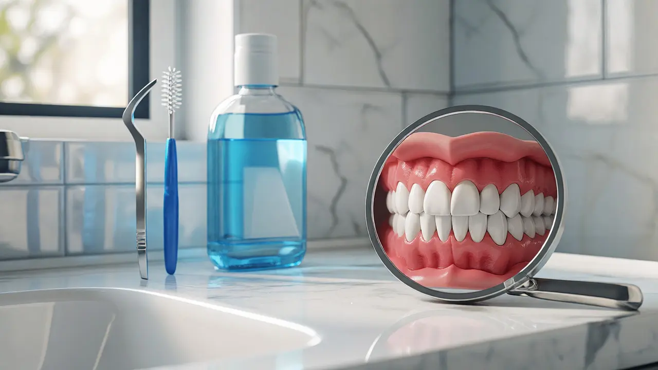 Daily oral hygiene tools like floss and mouthwash for post-treatment care.
