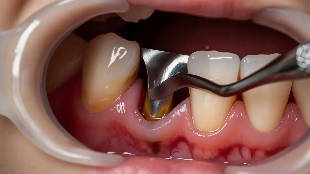 Dental curette performing root planing deep inside a periodontal pocket.