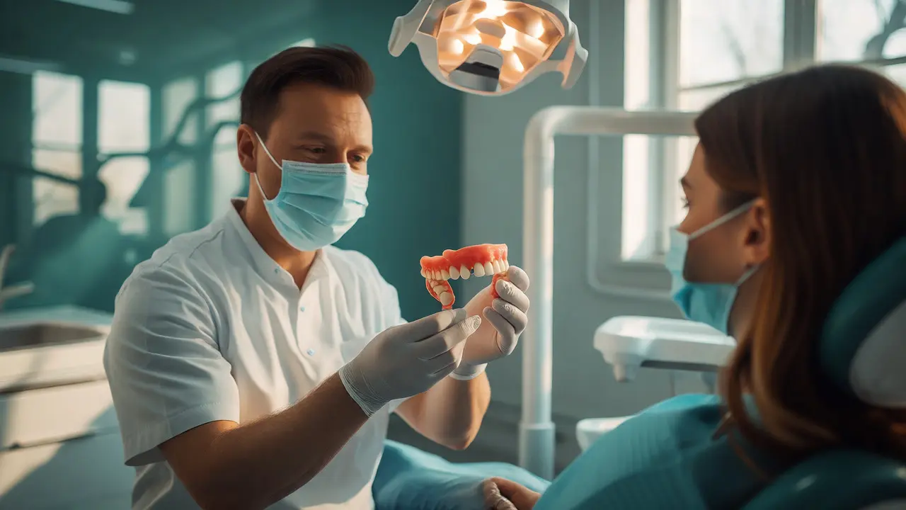 Dentist presenting a new denture to a patient in a modern clinic