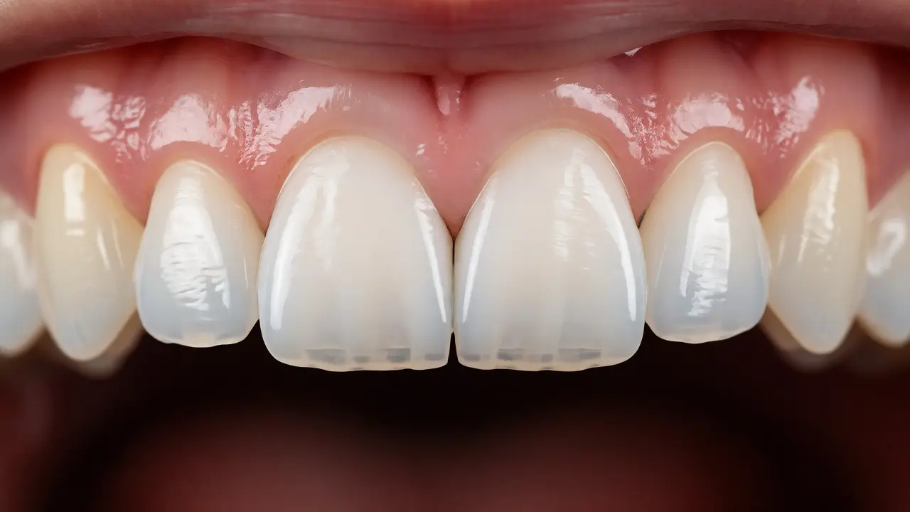 Detailní pohled na perfektní úsměv s keramickými zúbními lamináty.