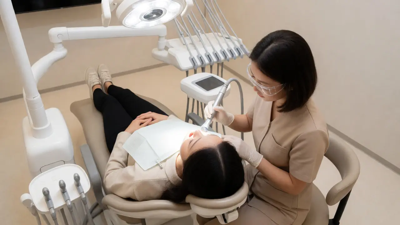Hygienista provádí pískování zubů v ordinaci