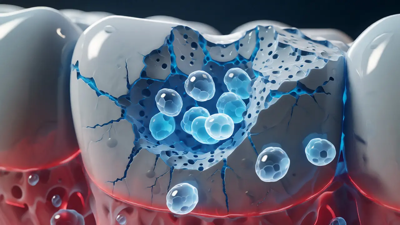 Ilustrace remineralizace skloviny nanočástečkami hydroxyapatitu