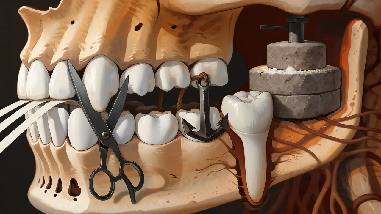 Konceptuální ilustrace úst jako továrny s nástroji pro řezání a drcení.