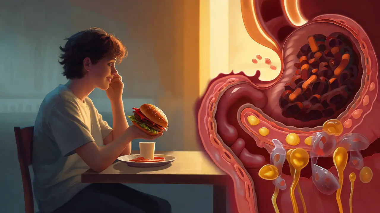 Konceptuální obraz osamělého jídla fast foodu a dopadu na trávení