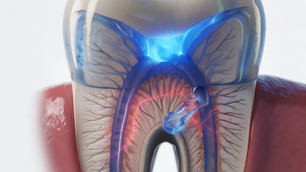 Makro pohled na strukturu zubu a citlivý dentin
