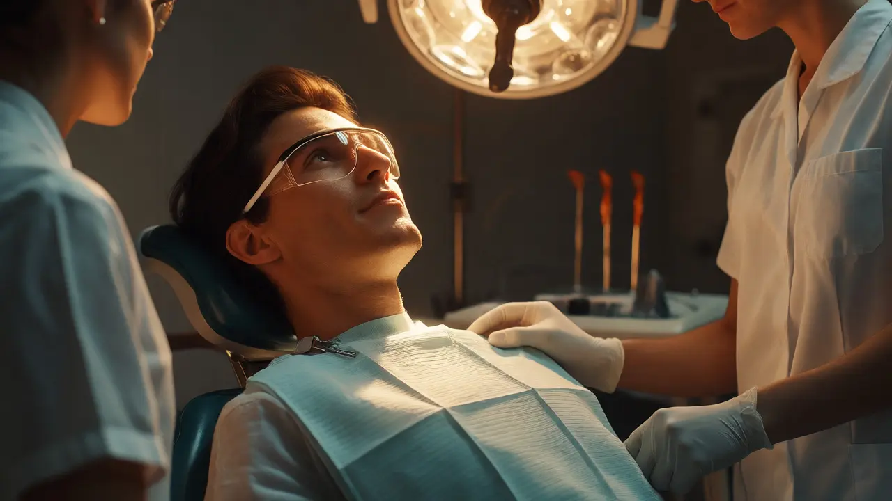 Pacient v křesle s ochrannými brýlemi čeká na začátek výkonu.