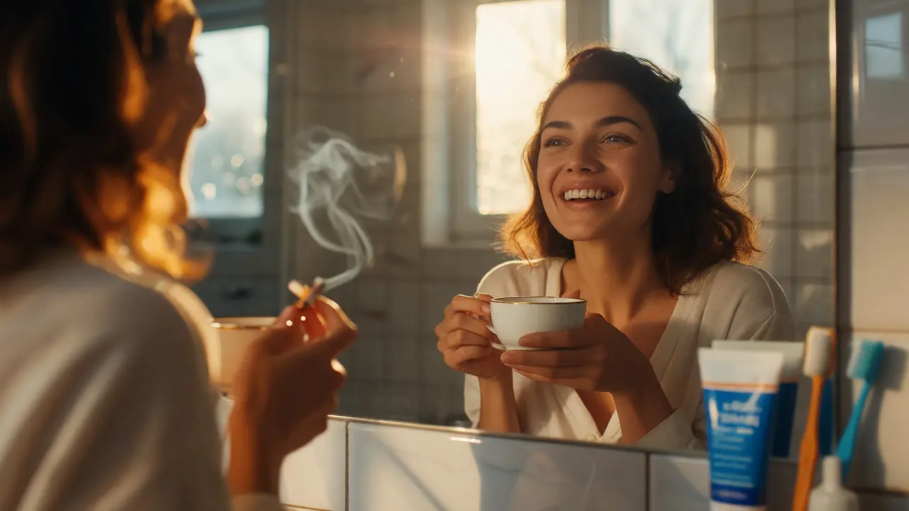 Žena s kávou a cigaretou zvažující prevenci zubního kazu