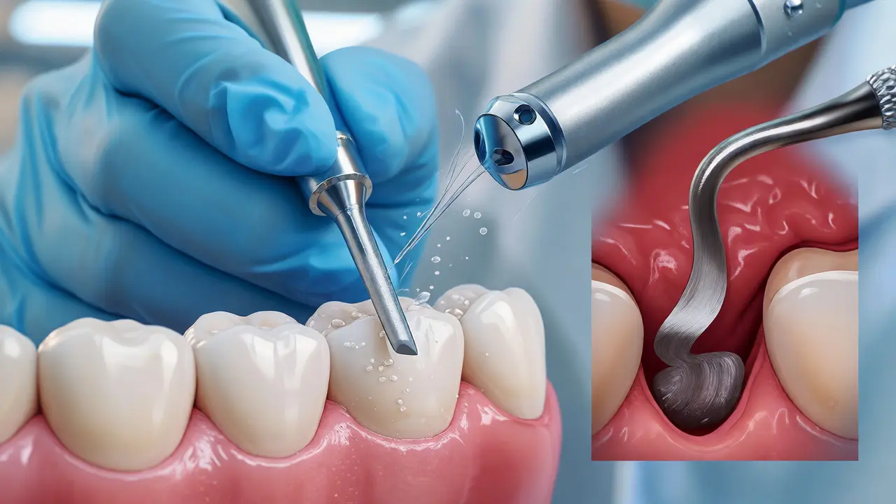 Zubní hygienista odstraňuje kámen ultrazvukem a kyretou