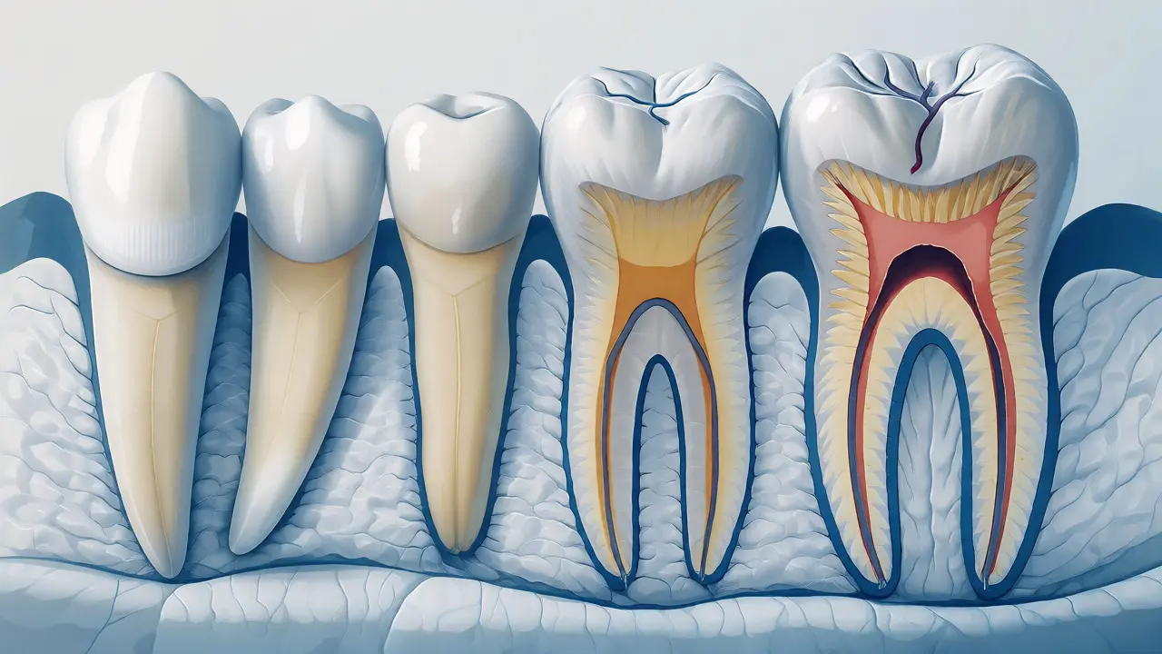 Anatomický řez porovnávající stavbu řezáků, špičáků a molárů