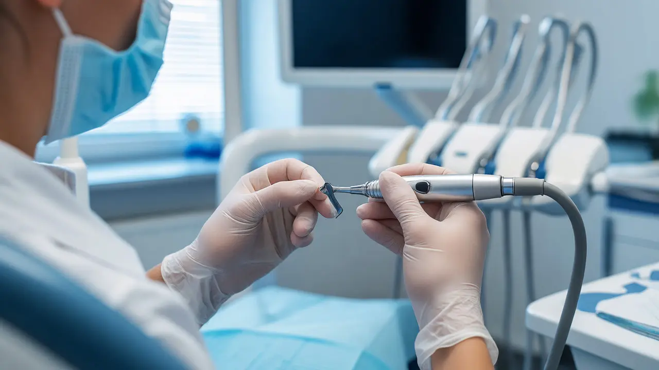 Dentální hygienistka odstraňuje zubní kámen ultrazvukovým přístrojem