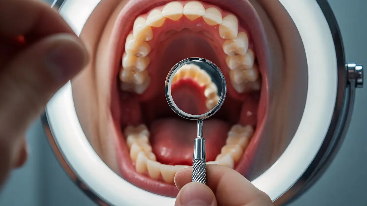 Detailní pohled na použití dentálního zrcátka v ústech odraženého ve velkém zrcadle.