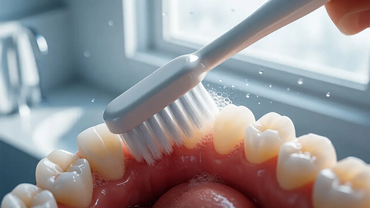 Detailní pohled na techniku Bass při čištění zubů pod úhlem 45 stupňů