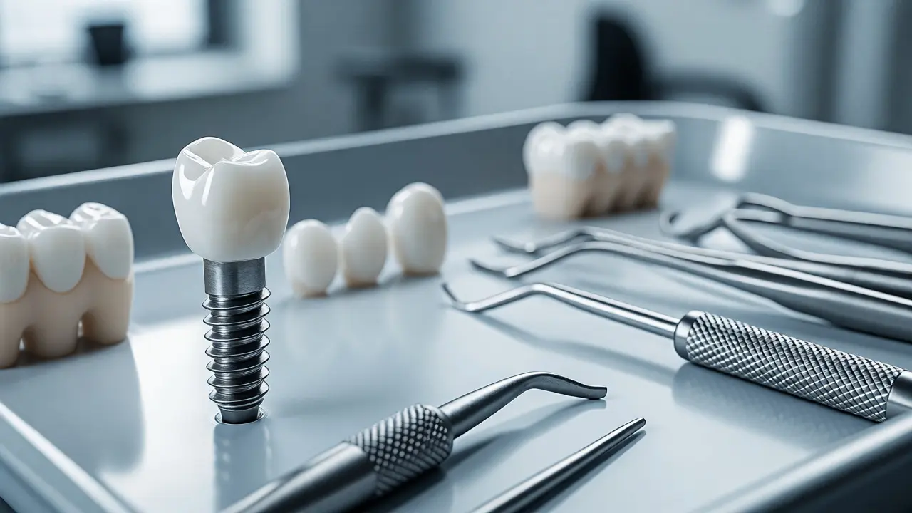 Detailní pohled na zubní implantát a keramickou korunku na lékařském podnosu