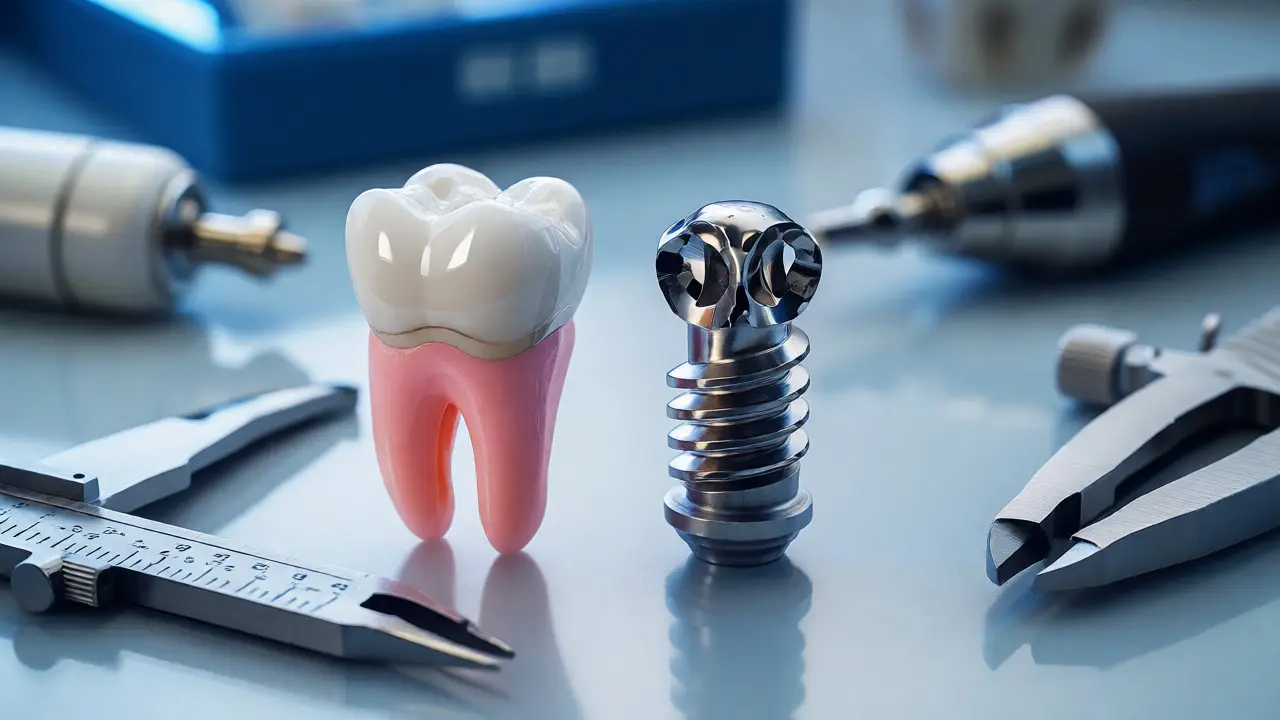 Detailní pohled na zubní implantát a korunku v laboratoři