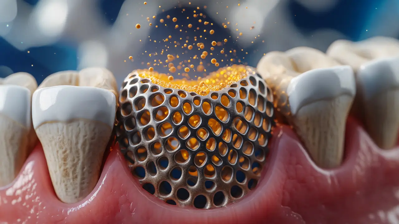Makro pohled na titanový implantát integrovaný do kostní tkáně
