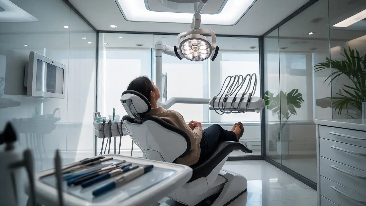 Moderní ordinace stomatologa s pacientem na křesle