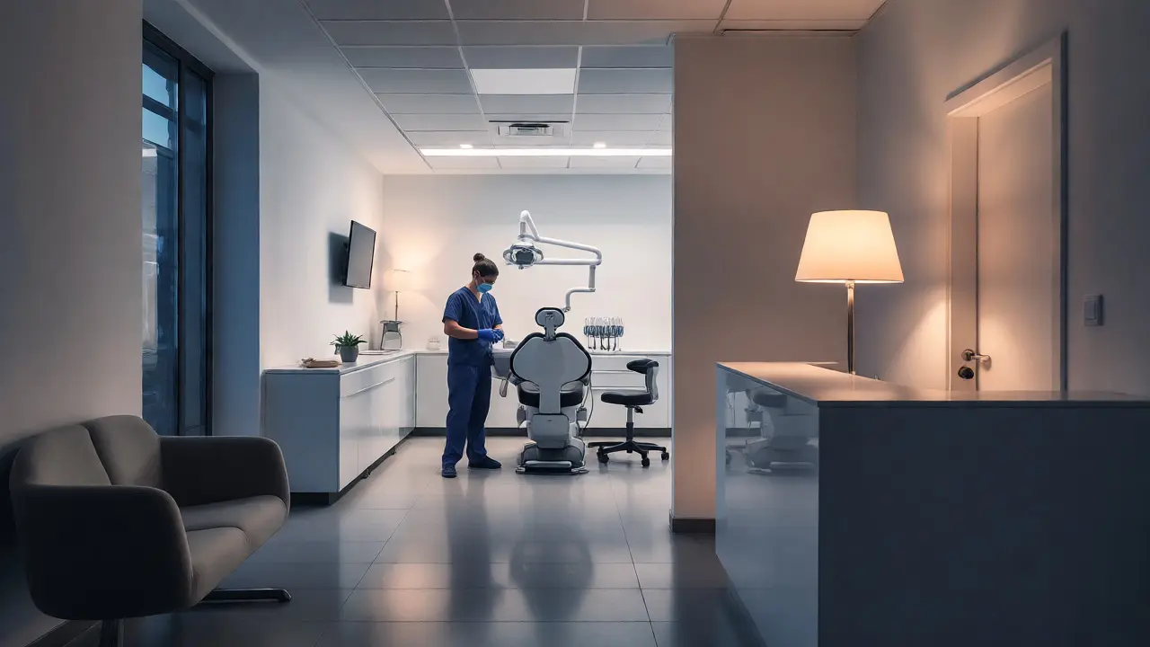 Noční čekárna soukromé zubní kliniky připravená na pohotovost