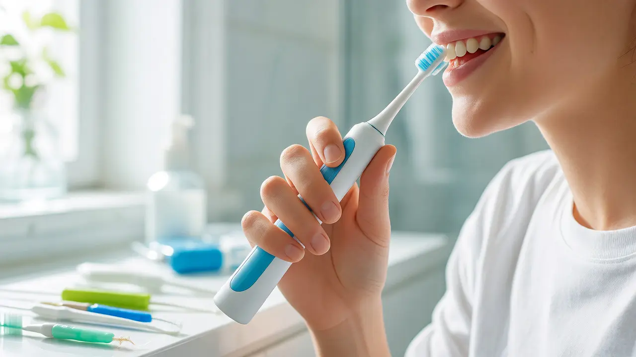 Osoba používající elektrický kartáček a mezizubní pomůcky pro správnou večerní hygienu.