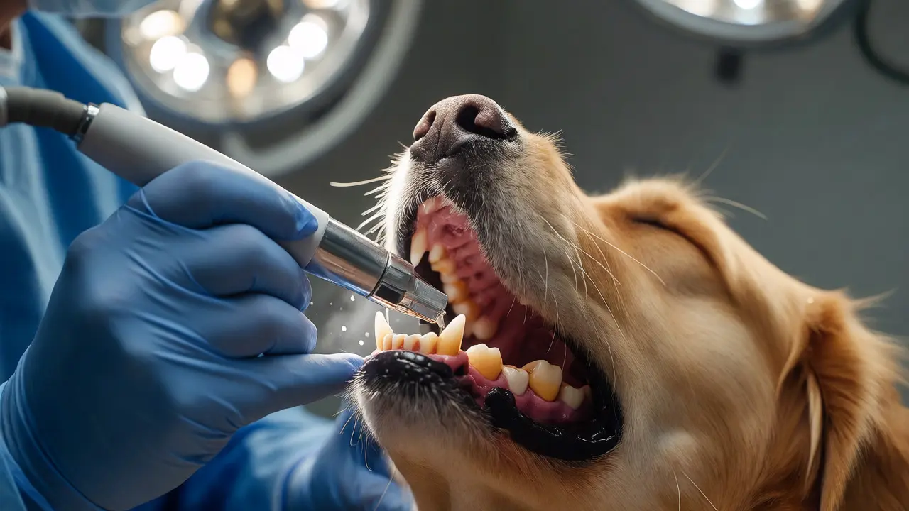 Veterinář odstraňuje zubní kámen ultrazvukem u uspaného psa