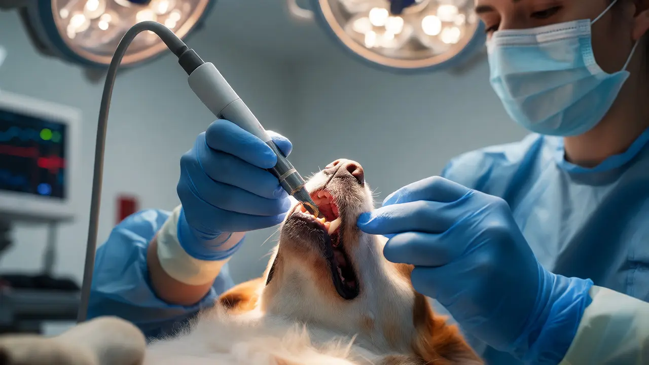 Veterinář odstraňuje zubní kámen ultrazvukem u uspáného psa
